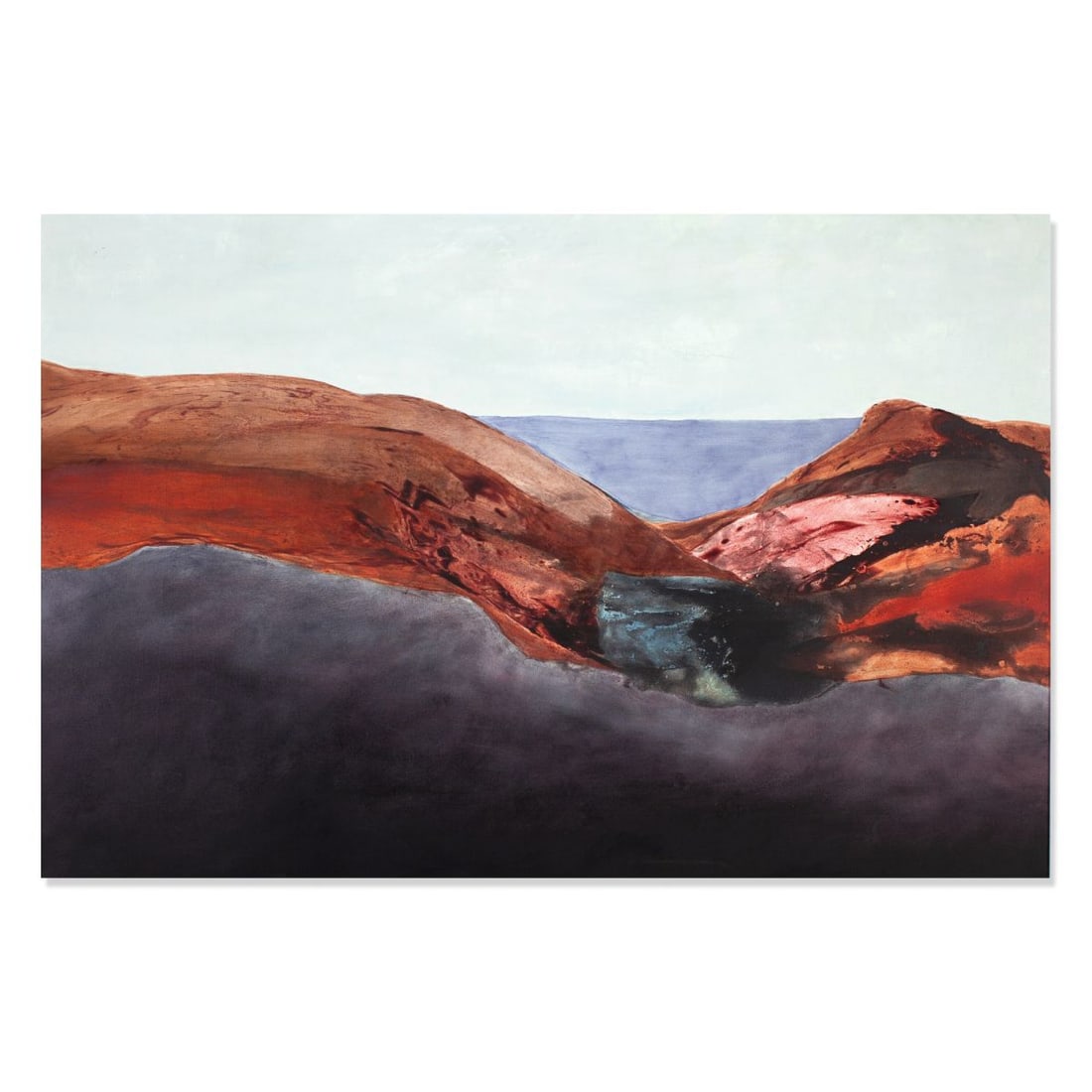 Rusty Russell (WA) Large Landscape Oil on Canvas: Rusty F. Russell (1943-1993 Washington) Large Landscape Oil on Canvas, circa 1980's. R.F. Russell artists studio card on verso. Canvas measures 40x60"; silver gilt wood frame with overall size 41x61".