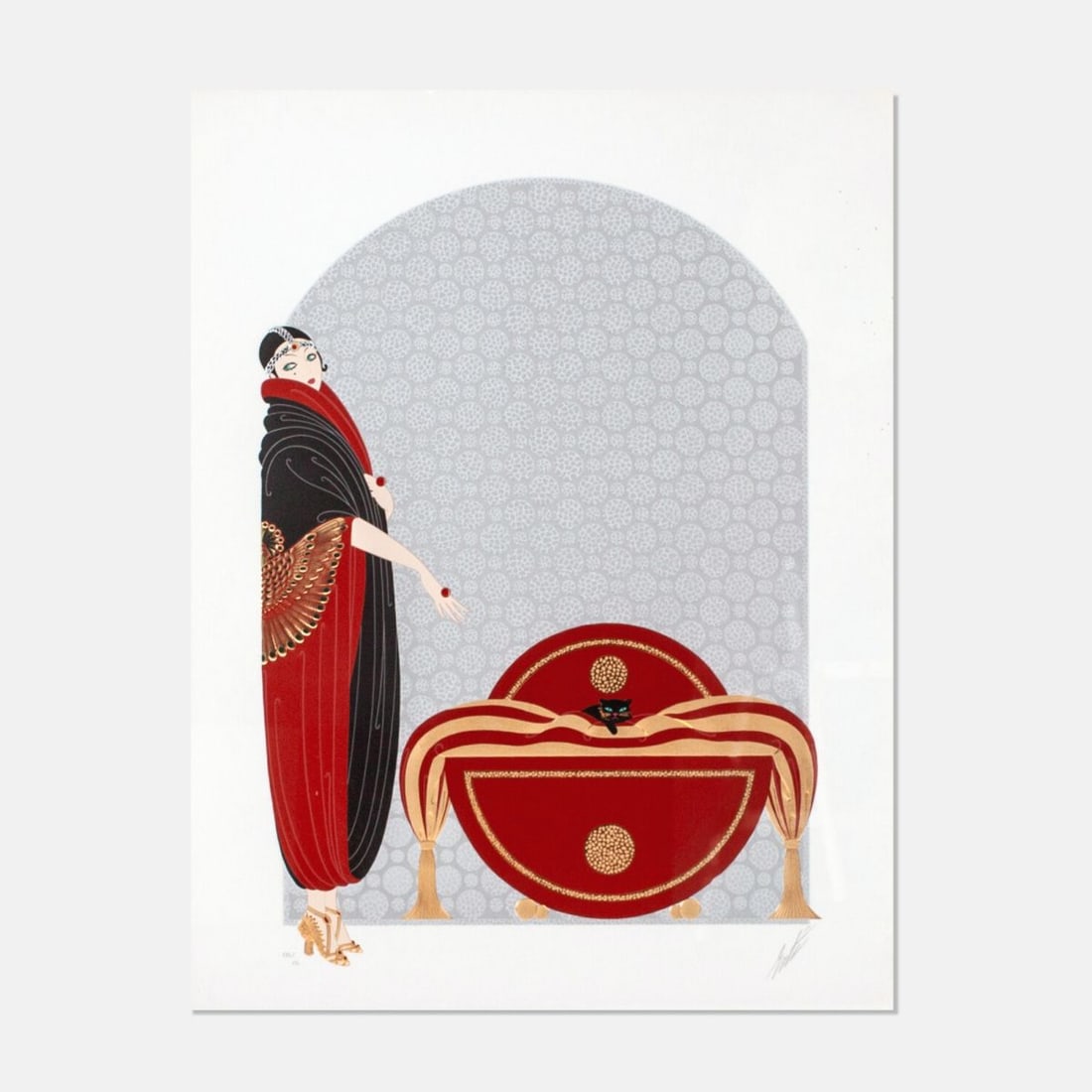 Erte "Emerald Eyes" Embossed Serigraph on Paper: Erte (Romain De Tirtoff, 1892-1990 France) "Emerald Eyes" embossed and foil stamped serigraph on paper. Limited Edition, pencil-signed and numbered CXLI/CL (141/150). Appears in very good condition wi