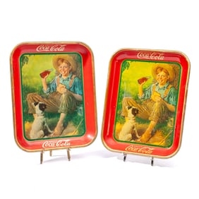Pair 1931 Coca-Cola Boy With Dog Tin Litho Trays