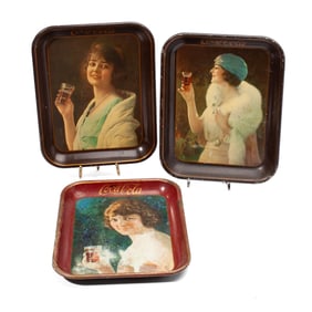 3 Antique Coca-Cola Tin Litho Trays / Flapper Girl