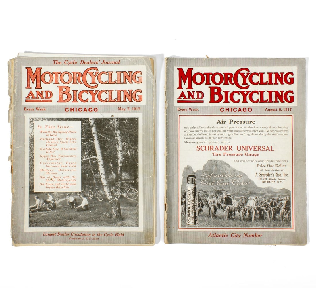 1917 Motorcycling & Bicycling World Magazines: Two original 1917 issues of "Motorcycling and The Bicycling"- May 7 1917 and Aug 6 1917. Lot includes November 22 1915 (missing front cover). Seem complete. All in expected fair to poor condition with