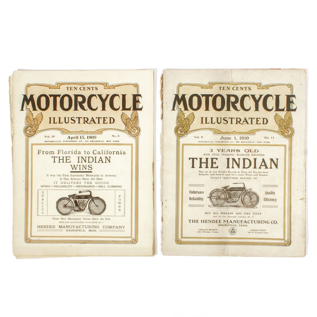1909 & 1910 Motorcycle Illustrated Magazines: Two original issues of "Motorcycle Illustrated' magazines featuring Indian motorcycle cover illustrations. Incudes April 15, 1909 and June 1, 1910. Both seem complete and in fair condition. Covers sep