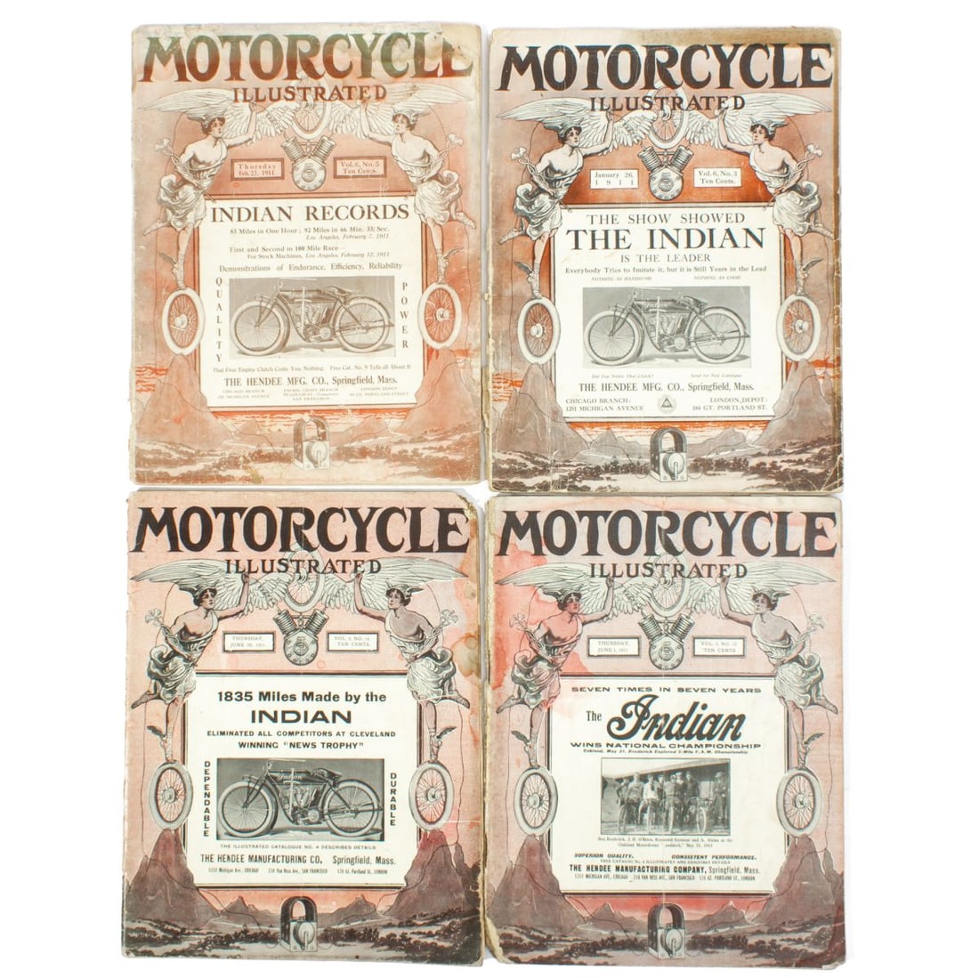 1911 Motorcycle Illustrated Magazines: Four original issues of "Motorcycle Illustrated" magazines from 1911 featuring Indian motorcycle cover photo illustrations. Includes January 26, February 23, June 1, and June 29. All seem complete and