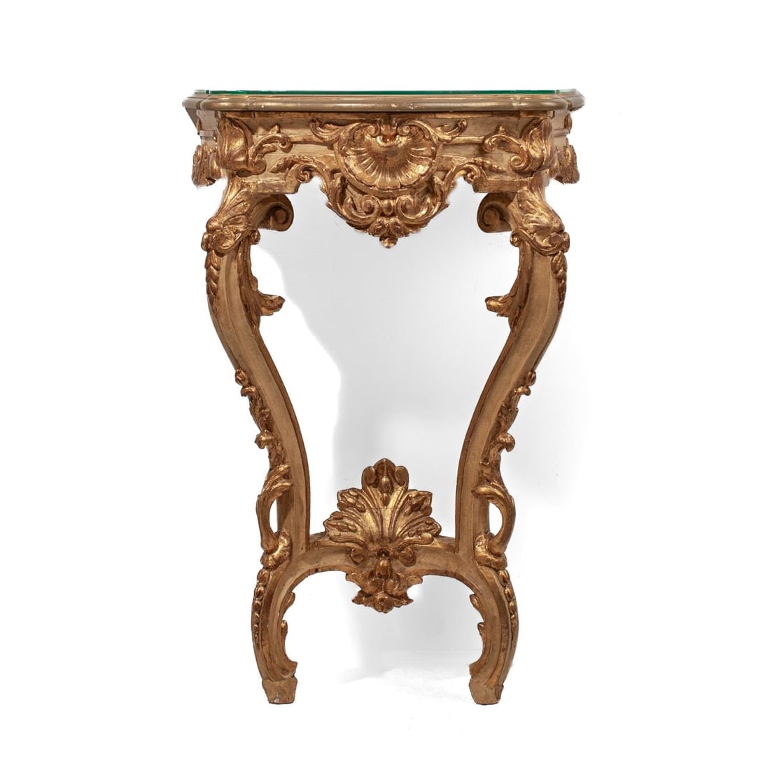 Vintage Italian Rococo Giltwood Console Table: Vintage Rococo wall-mounted console table. Gilded hand carved scrollwork and shell motifs against painted cream ground. Marbled paper top with removable fitted glass. Some light surface wear to gilt,
