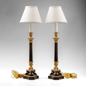 French Empire Gilt Bronze Candlestick Lamps