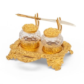 Antique Gilt Ormolu & Double Glass Inkwell