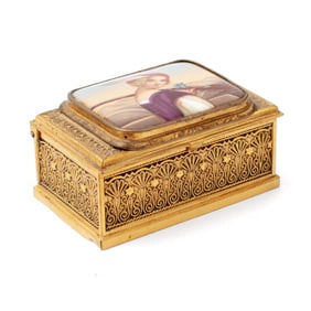 Antique Porcelain Plaque & Gilt Metal Box