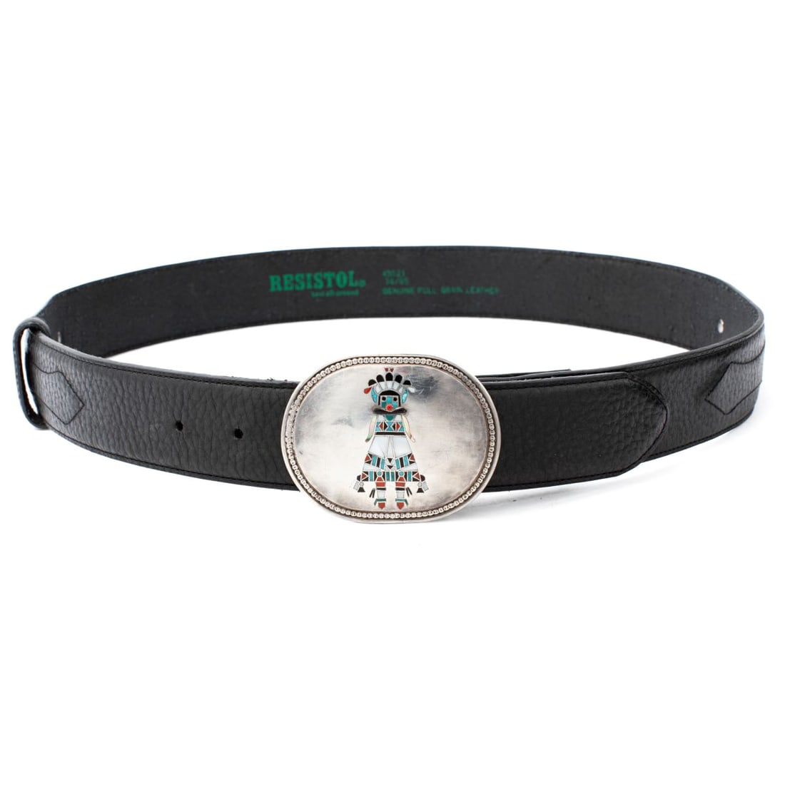 Old Pawn Zuni Silver Kachina Inlaid Buckle: Old pawn Zuni / Navajo hand hammered silver (unmarked) belt buckle with Kachina design inlaid in mother-of-pearl, turquoise, coral, oynx, and abalone shell. Includes newer Resistol black leather belt