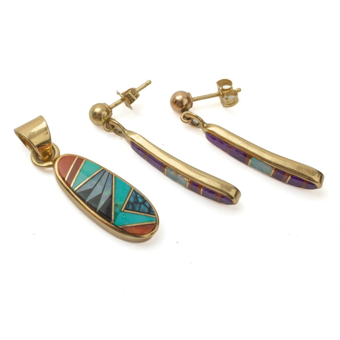 Zuni 14K Gold Inlaid Pendant & Earrings: (1) Zuni 14K gold pendant inlaid with turquoise, mother of pearl, oynx, and coral. Setting and bail stamped 14K. Good condition. Total 3 grams approx. 1 1/4" length with bail x 1/4" W approx. (2) Pair