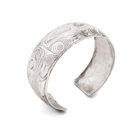 NW Coast Native Eagle & Salmon Silver Bracelet