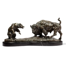 Cast Bronze Bison & Grizzly Bear After Barye