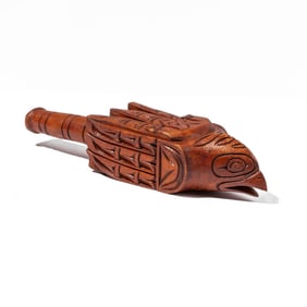 NW Coast Carved Cedar Eagle & Shark Rattle
