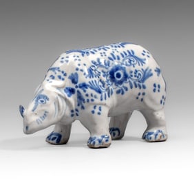 Antique French Desvres Faience B&W Rhinoceros