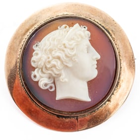 Antique 10k Gold & Agate Cameo Portrait Brooch