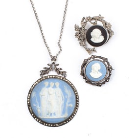 Wedgwood Jasper Marcasite Silver Necklace & Pins