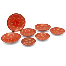7 Japanese Meiji Red & Gold Lacquer Crane Dishes