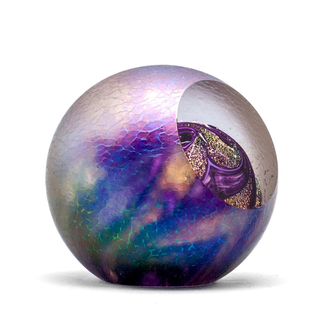 Glass Eye Studio Celestial Paperweight 1994: "Pluto", 1994. Celestial Series paperweight by Glass Eye Studio. Hand etched Pluto and acid etched GES 94 marks to bottom. Good condition. 3" dia. approx.