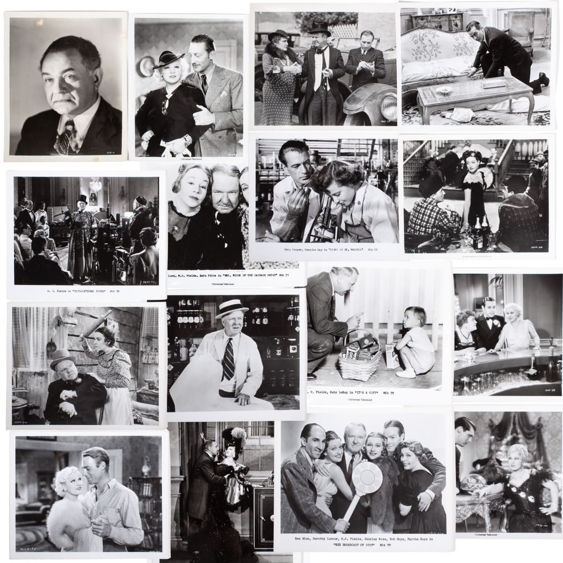 Hollywood Studio Still Photos / Mae West / Fields: Collection of 17 vintage official studio Hollywood movie still photographs. Universal Television, MCA TV, etc. (1) Group 6 of Mae West with Cary Grant, Randolph Scott, etc. Includes "Go West Young Man
