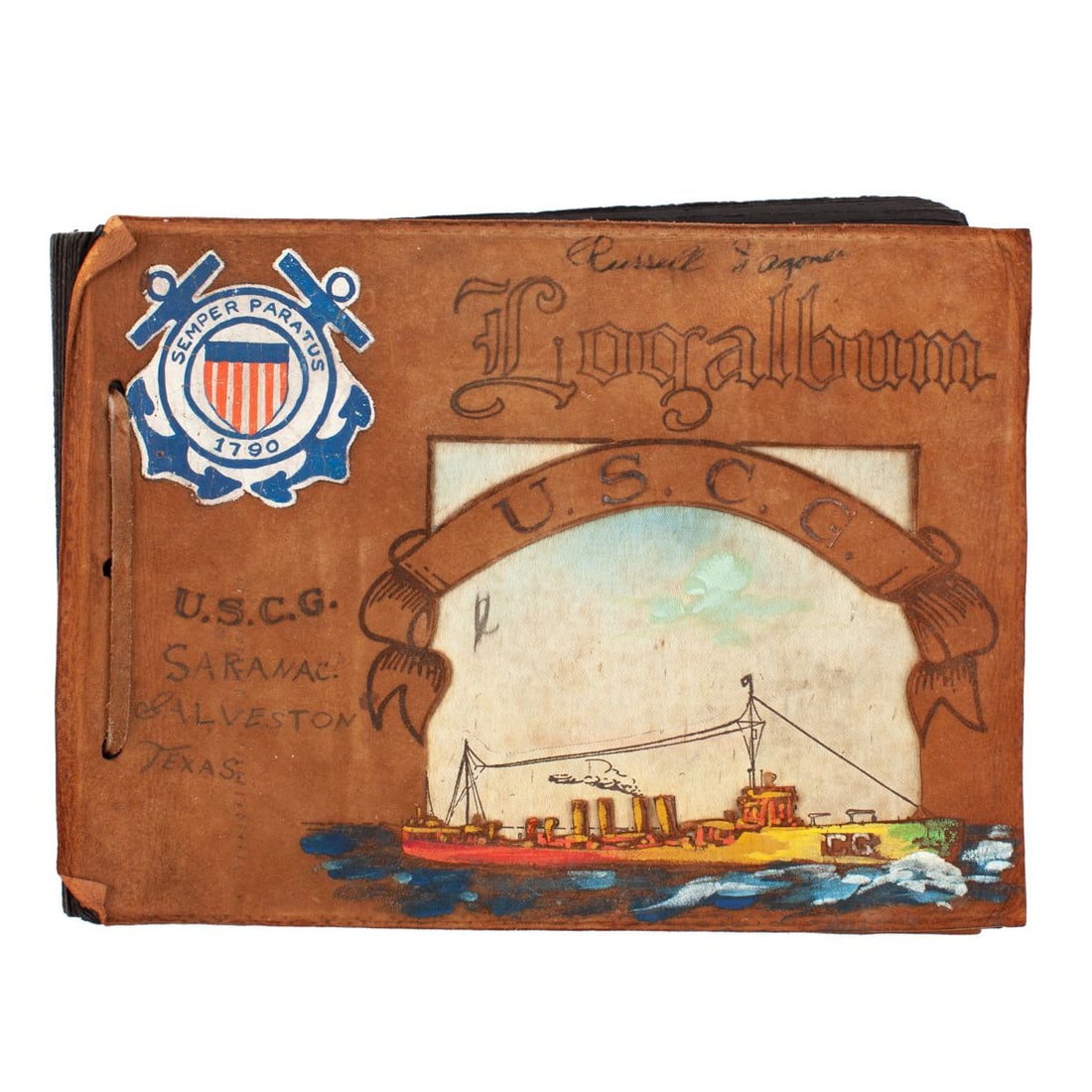 Vintage Coast Guard Photo Album - Cutter Saranac: Vintage Coast Guard souviner suede leather / satin fabric inset "Logalbum" with hand painted depiction of the USCGC Saranac. Ink signed "Russel Wagoner" to the top and pen inscribed "SARANAC. Galvesto