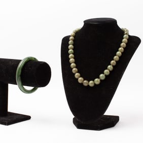 Green Jade & 14K Gold Necklace /  Bracelet