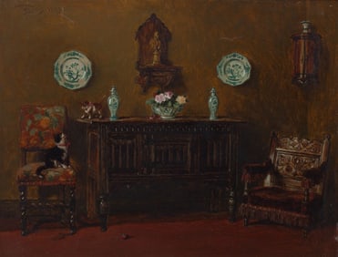 Antique Interior Scene Oil Painting signed Lewis