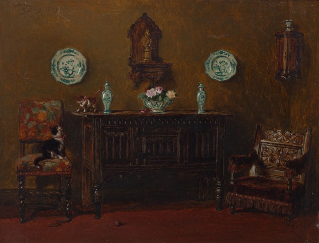 Antique Interior Scene Oil Painting signed Lewis (1 of 6)