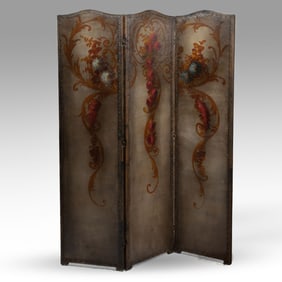 Antique 1920s Painted Leather 3-Panel Screen