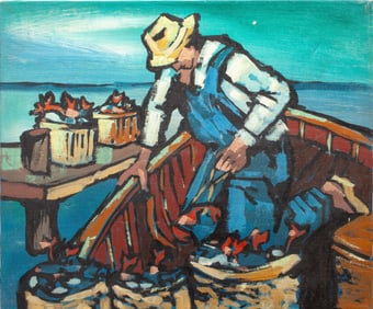 Vintage Lobster Fisherman Oil on Canvas Unsigned