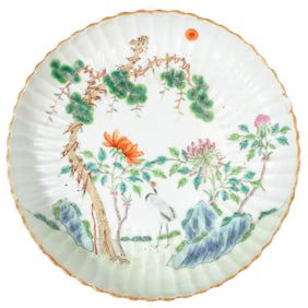 Qing Chinese Famille Rose Enameled Porcelain "Crane & Pine" Dish