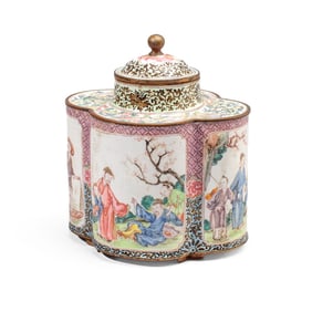 Chinese Canton Enamel "Scholars" Tea Caddy