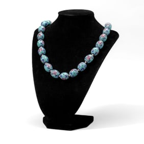 Chinese Turquoise Enameled Porcelain Bead Necklace