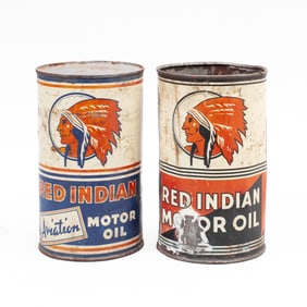 2 Vintage Red Indian Imperial Quart Motor Oil Cans