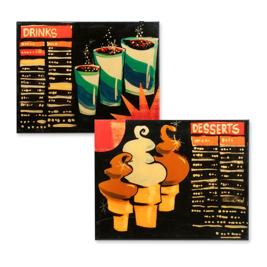 Bill Brown (WA) "Drinks & Desserts" Diptych 2008: Bill Brown "Drinks & Desserts" 2-piece acrylic on board with poured-over resin coat affixed to painted wood frame. Signed "Billy" and dated at verso. Some scuffs to resin; otherwise both in good condi