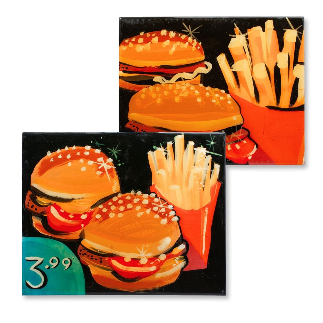 Bill Brown (WA) "Burgers & Fries" Diptych 2008: Bill Brown "Burgers & Fries" 2-piece acrylic on board with poured-over resin coat affixed to painted wood frame. Signed "Billy" and dated at verso. Some scuffs and scratches to resin. 8x10" ea.