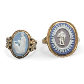2 Wedgwood Jasperware & 14K Gold Metal Rings