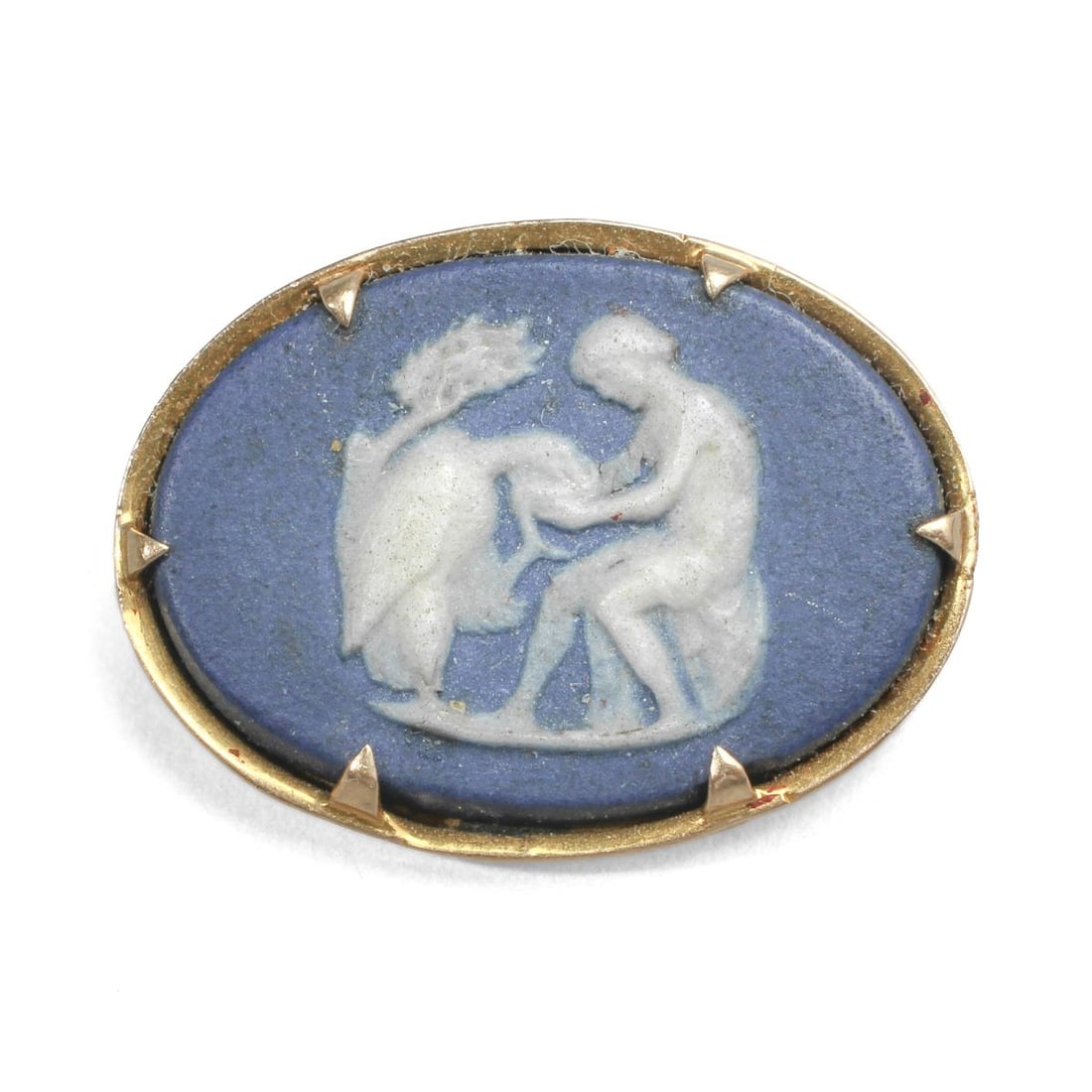 Wedgwood Jasperware & 10K Yellow Gold Brooch: Brooch pin with 19th century Wedgwood dark blue jasperware cameo depicting Hebe feeding Zeus' eagle, in 10-karat yellow gold setting stamped "10K" along with maker's marks; probably Ostby & Barton. In