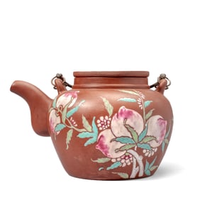 Yixing Famille Rose Enameled "Peach & Bat" Teapot