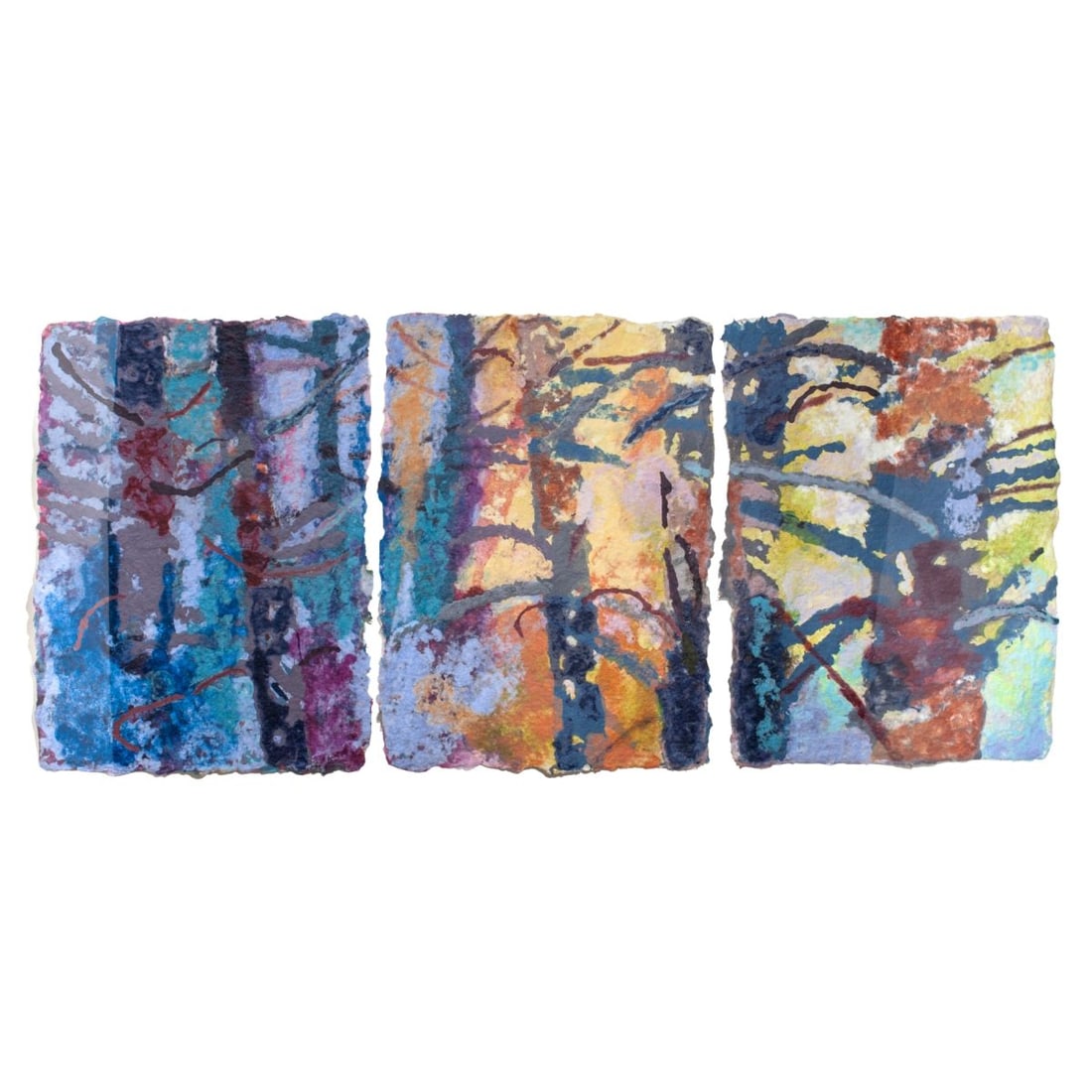 Jennifer Crane "Late Afternoon Woods" Paper Art: Jennifer Crane "Late Afternoon Woods" hand-made pressed paper triptych with applied dyes and sections modeled in relief outlining tree trunks and branches, 1992. Mona Berman Fine Arts (New Haven, CT)