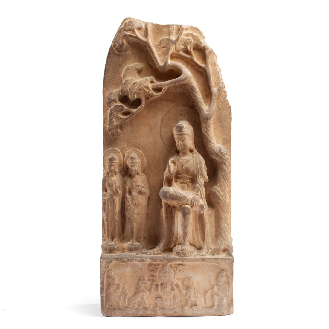 Chinese Buddhist White Marble Stele of Maitreya: Chinese carved white marble stele depicting Maitreya, Buddha of the future, seated below Dragon Flower Tree to preach the dharma (here interpreted as a ginkgo), his right leg crossed above his left su