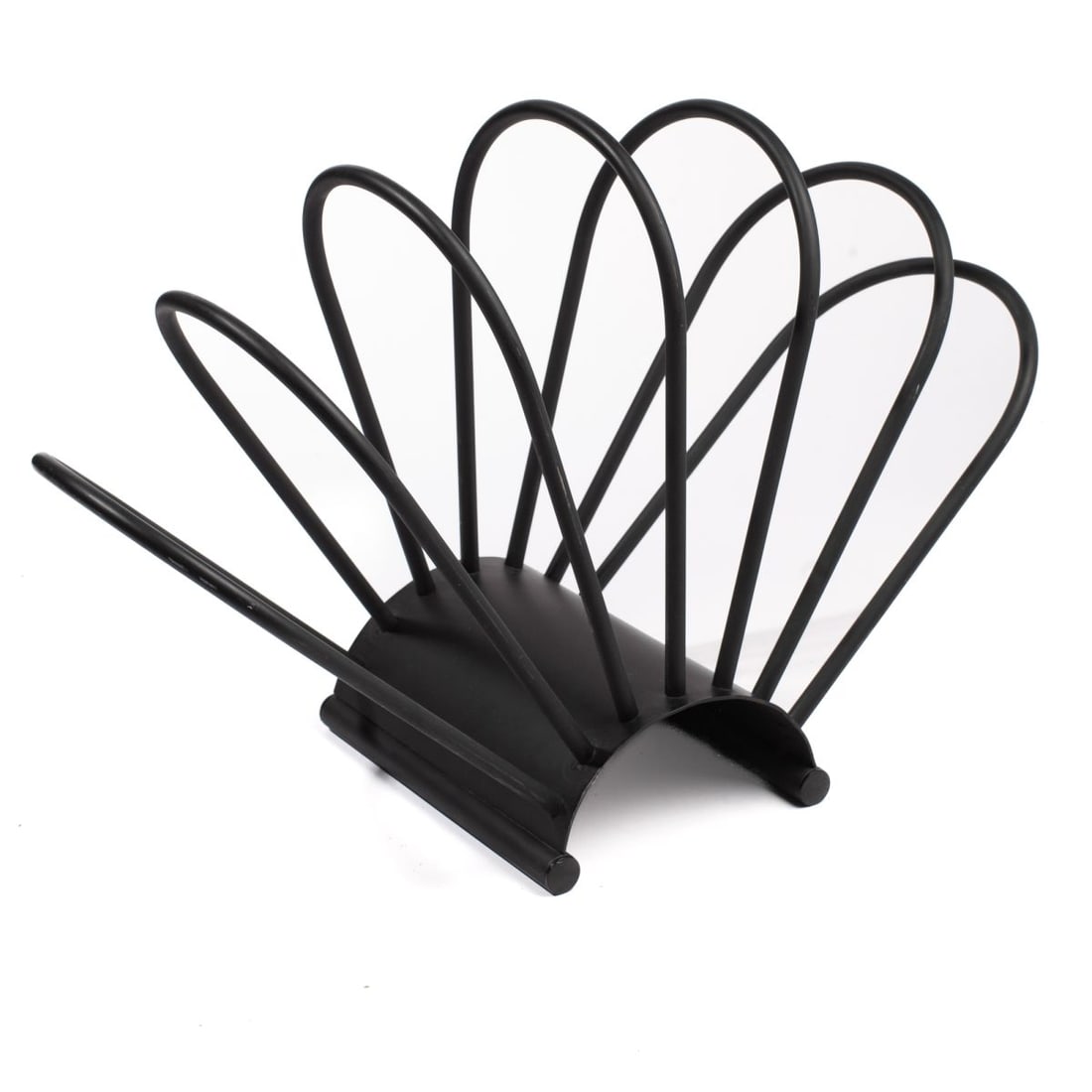 Minimalist Mod Magazine Rack: Minimalist / Post Modern magazine rack. Heavy welded steel and bent rod construction with black painted surface. Good condition. 14.25" H x 22" x 8.75" approx.