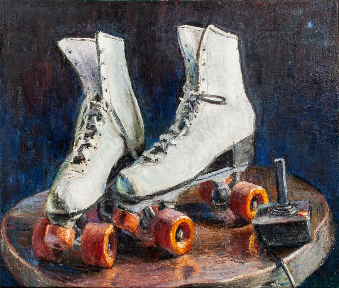 Jesse Edwards (WA) "Roller Skates" Oil on Canvas: Jesse Edwards (b.1977 Washington) "Roller Skates" Oil on Canvas. Signed in green lower right. Still-life of white roller skates and Atari 2600 joystick controller. Canvas measures 22x26"; Framed with