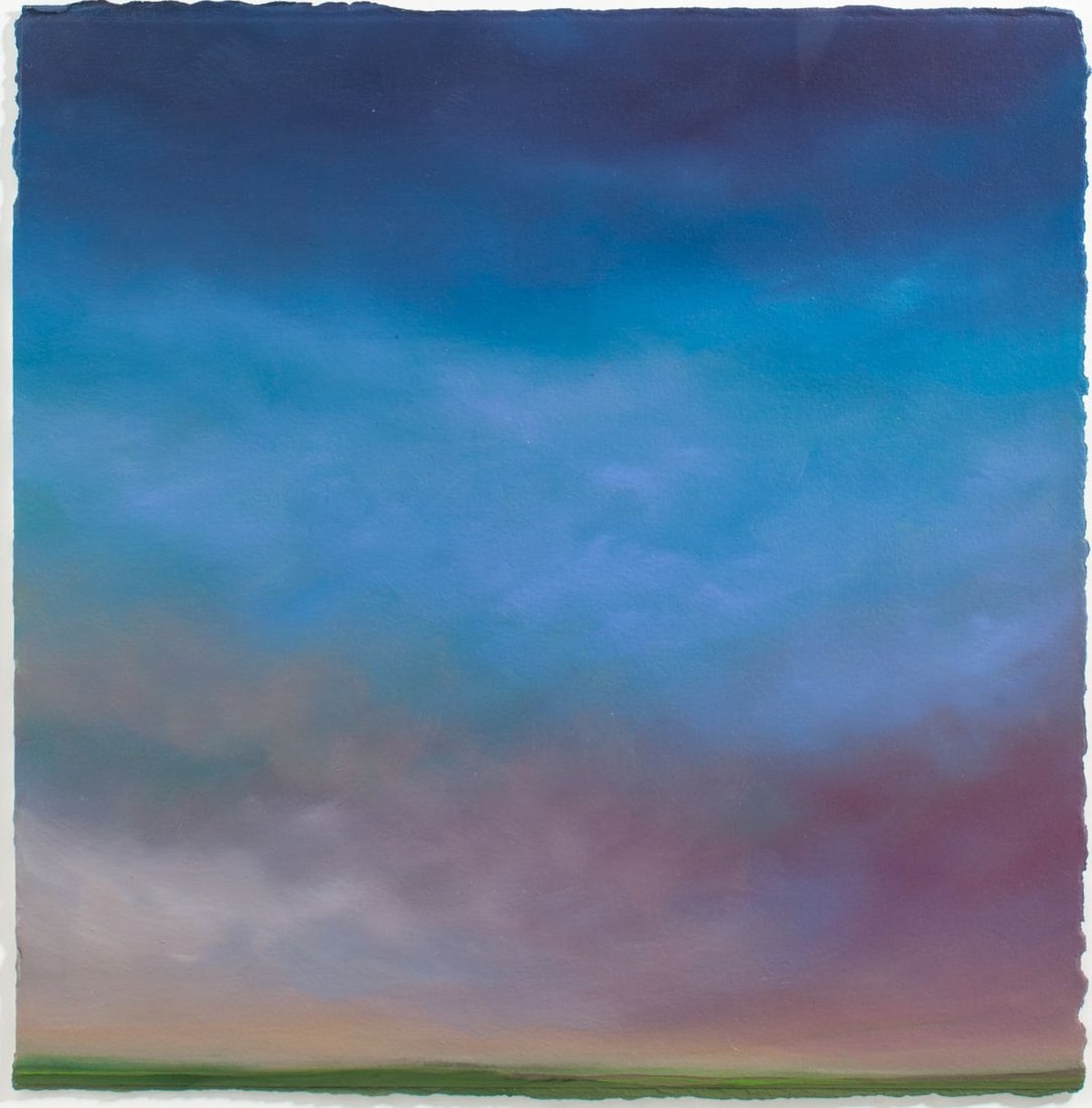 Sheila Kramer "Blue Twilight #2" Oil on Paper: Sheila Kramer (New York) "Blue Twilight #2" oil on paper. Unsigned. In float matted bleached maple frame under plexiglas. Scuff to frame; lower right corner has partially separated but is stable. Shee