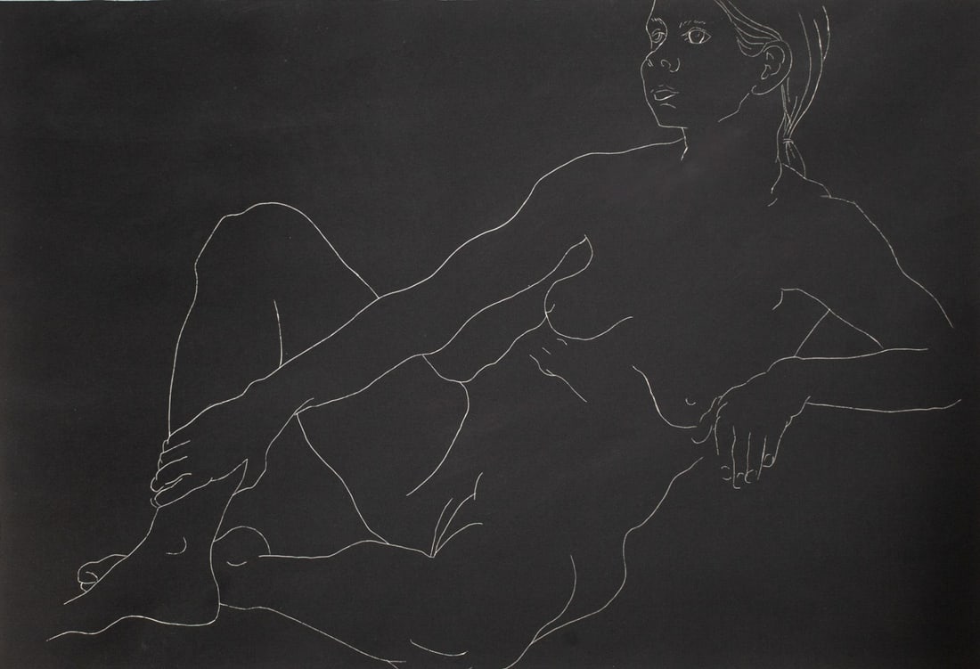 Female Nude Lithograph by Randal Hollenhorst: "Nude..maniere noire". Lithograph of a reclining female nude. Pencil titled, numbered 7/ 20, and signed below image. Impressed blindstamp lower right. Good condition. Black lacquer frame with some scr