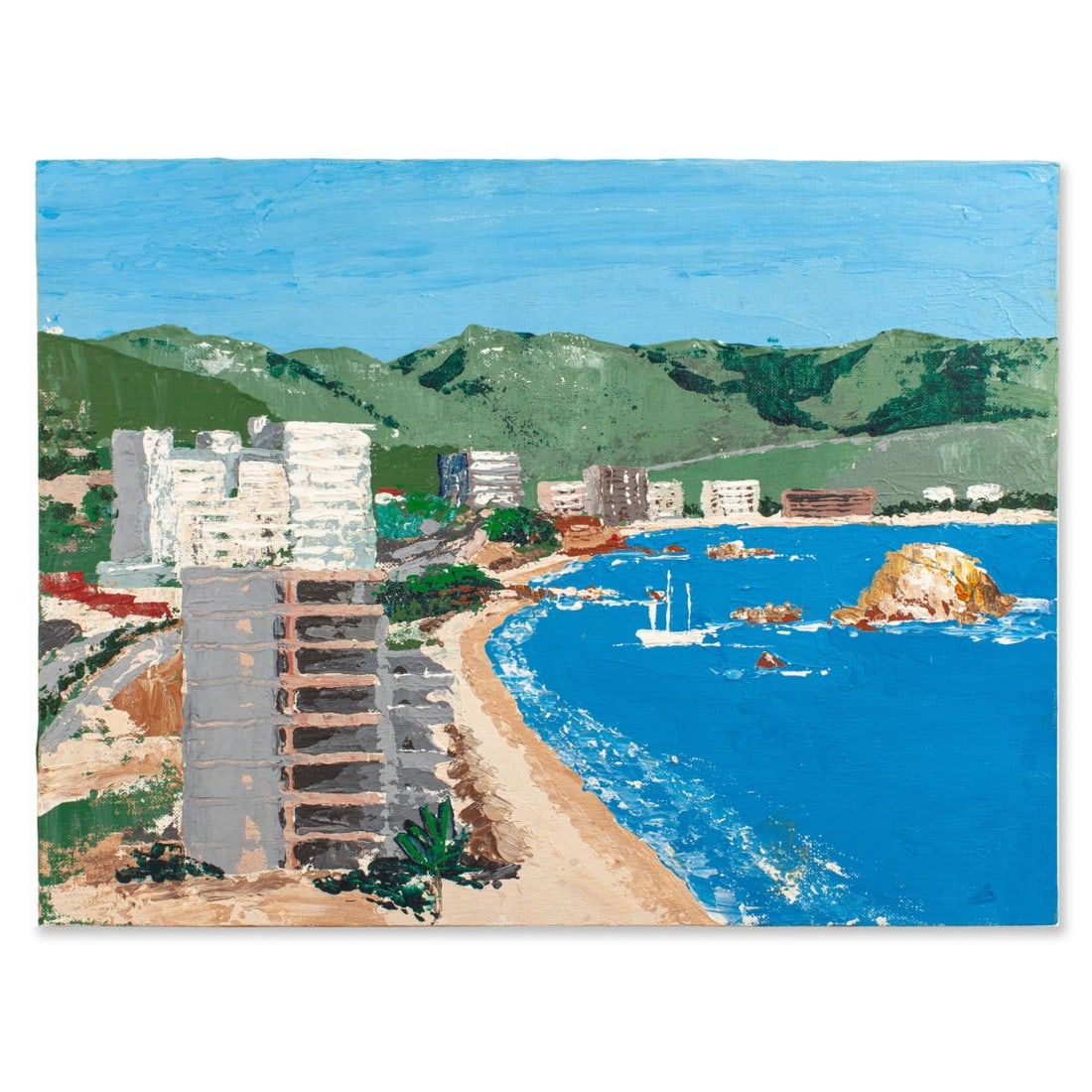 Mid Century Beach Scene Acrylic on Board: Beach Scene Acrylic on Canvasboard. Mounted to wood backing against wood panel; panel is slightly loose in frame. Artwork measures 12x16"; Frame 17x21".