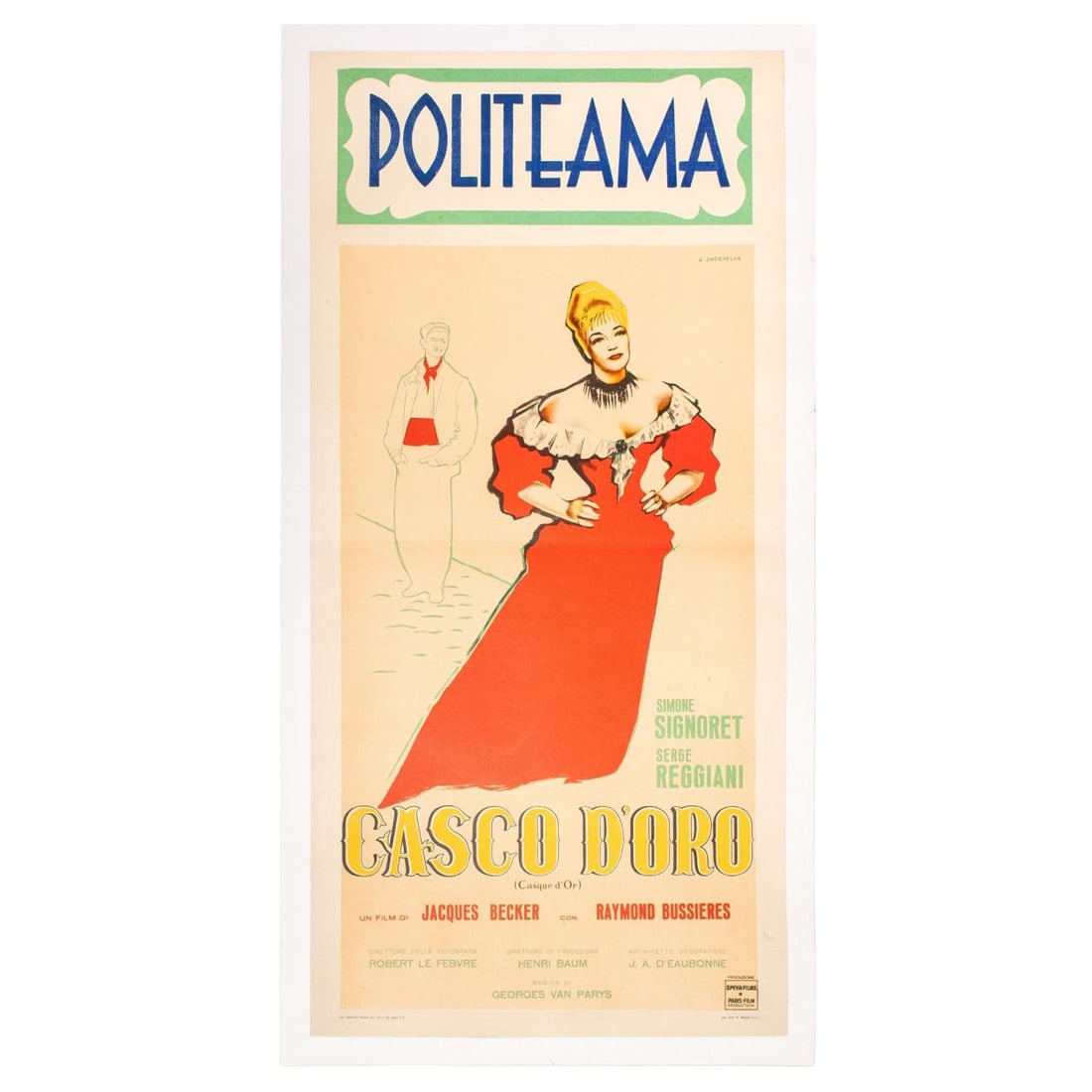 French Petite Movie Poster / Casco D'Oro 1952: Original French "petite" movie poster for "Casco D'Oro" starring Simone Signoret and Serge Reggiani, 1952. Designed by Jean Jacquelin. Professionally restored and laid on a heavy canvas backing. Poste