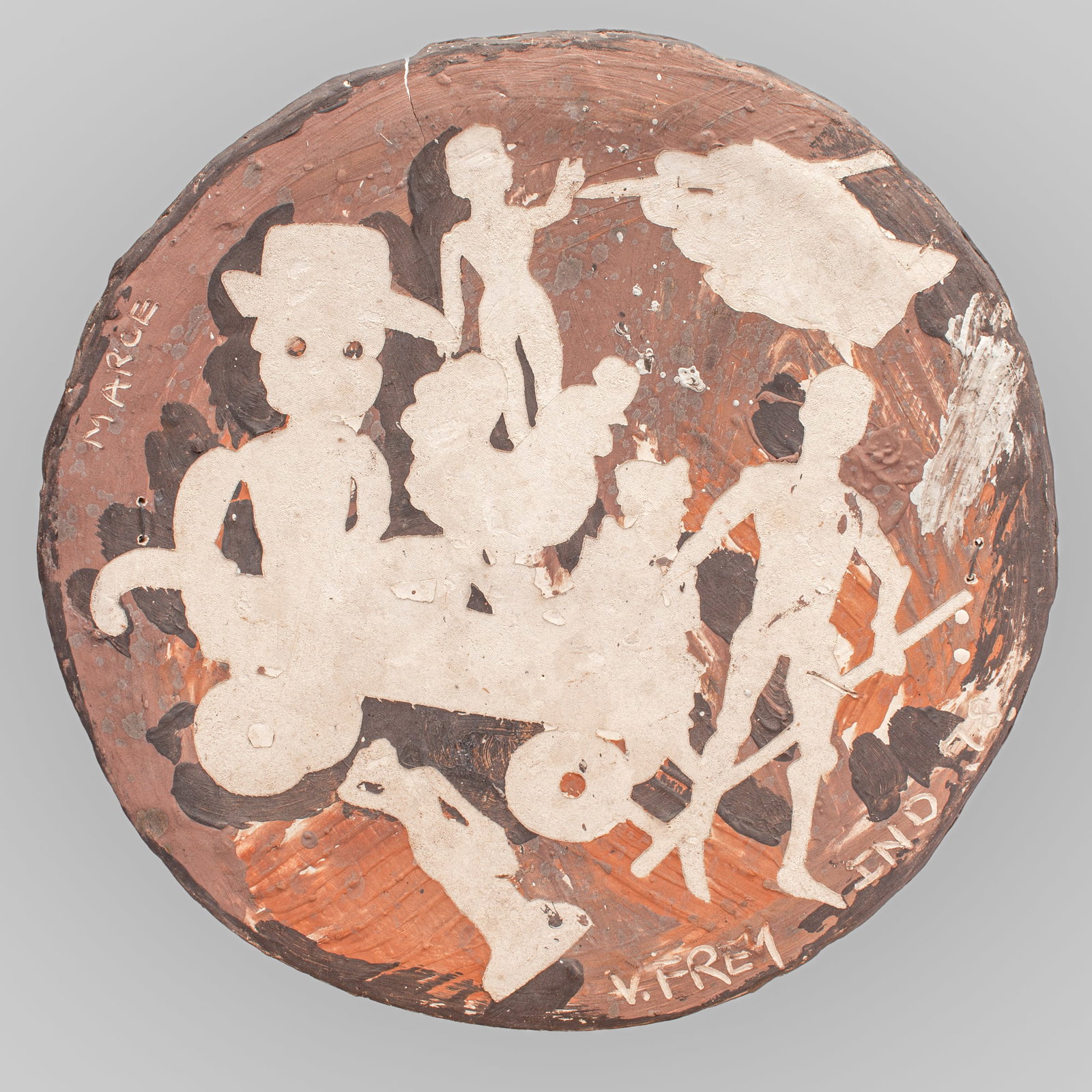 Viola Frey "Purdue Silhouettes" Charger: Viola Frey (1933-2004 California) "Silhouettes with Wagon" Ceramic Charger, 1978. Signed and dated in sgraffito along right front edge with inscription "IND" denoting her artist residency at Purdue Un