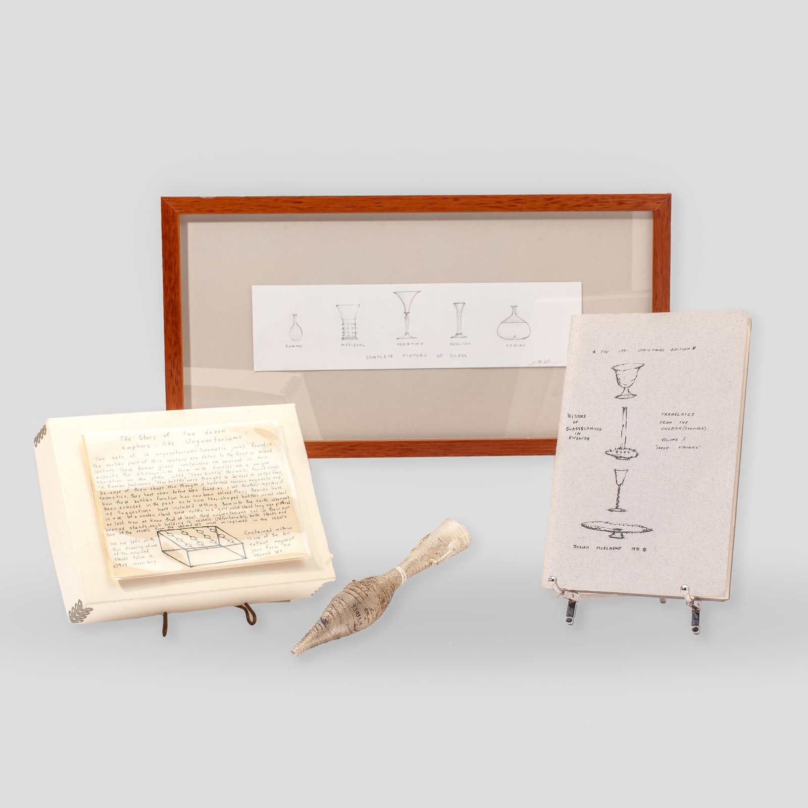 Josiah McElheny Group Artworks with Ancient Vessel: Josiah McElheny (b.1966 Massachusetts) Group Artworks with "Ancient Glass Vessel". Includes (1) The Story of two dozen amphore-like Unguentariums "Ancient Glass Vessel" in museum style archive box wit