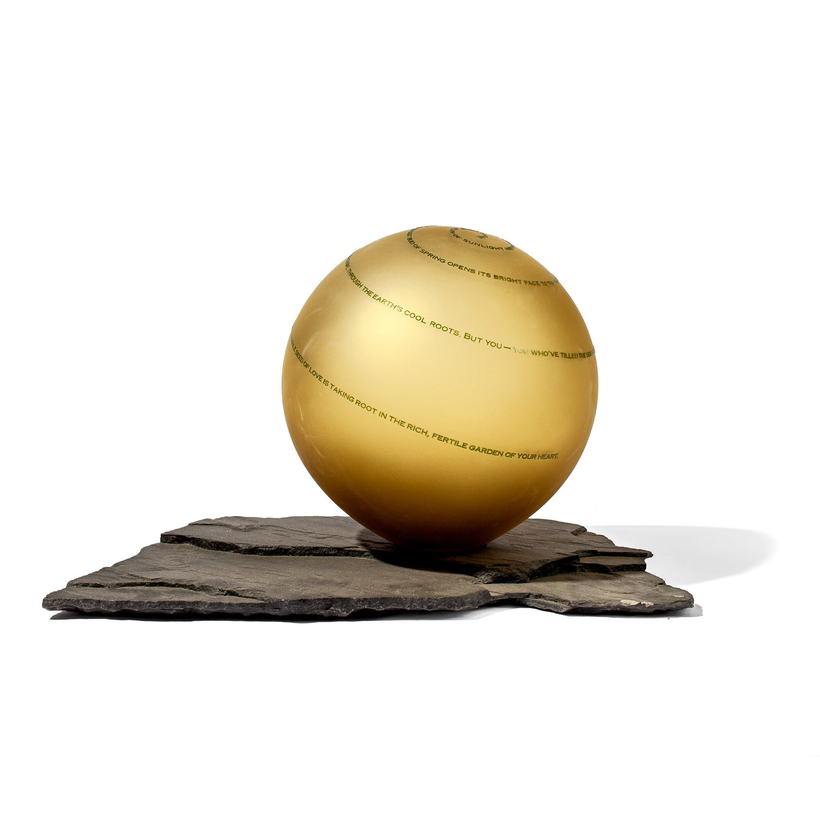 Jeff Crandall (WA) "Grow" Sphere of Influence: Jeff Crandall (b.1964 Washington) "Grow" Etched Glass Sphere on Slate Base, 2002. From the artist's series "Sphere of Influence". Signed and dated on base of sphere. Sphere measures 12" in diameter an