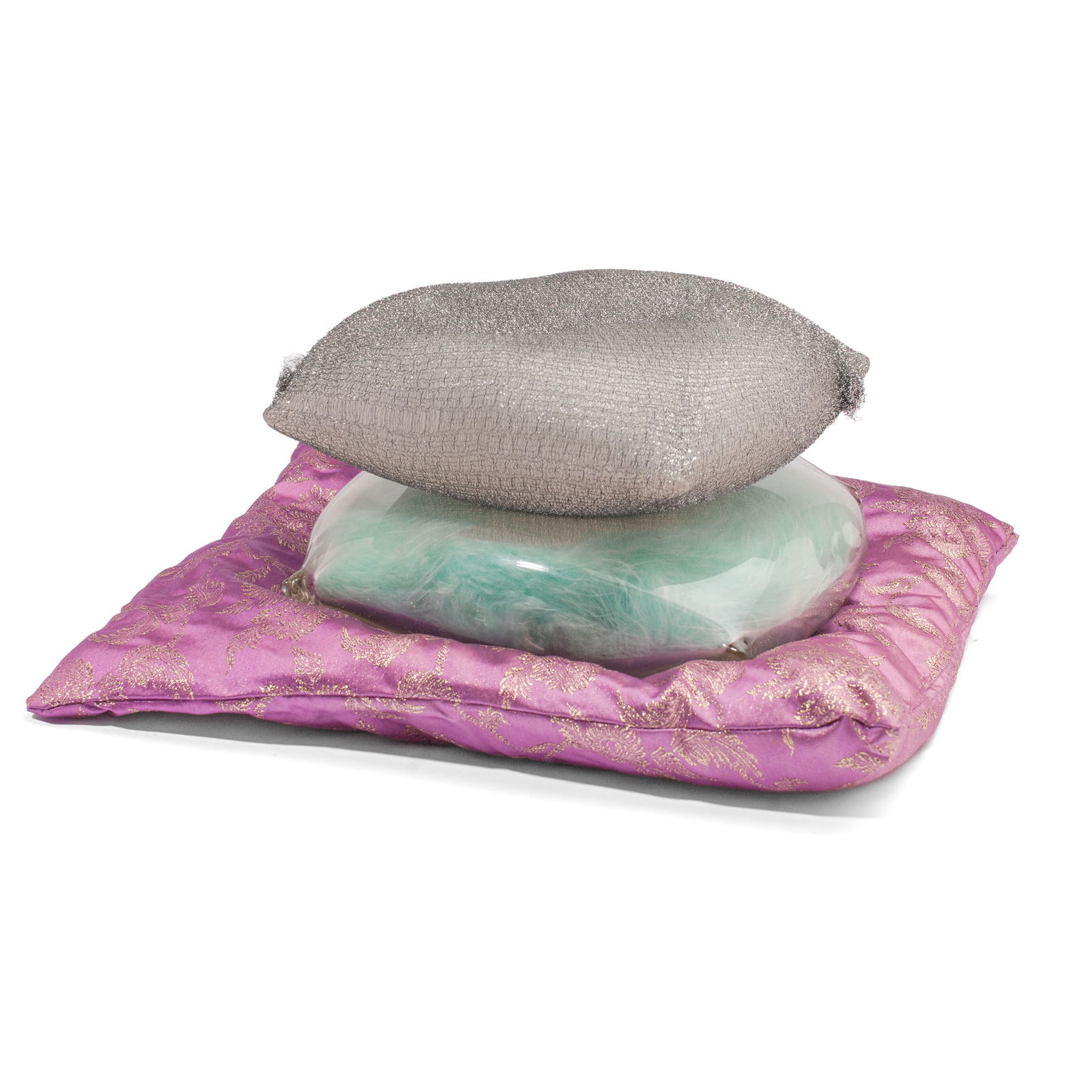 Michiko Sakano "Pillows" Mixed Media Glass: Michiko Sakano (Japan / New York) "Pillows" Mixed Media Glass Sculpture, 1999. Unsigned. Blown glass pillows, silver pantyhose, blue feathers, and silk pillow. Purchased from the Pilchuck Auction. Mea