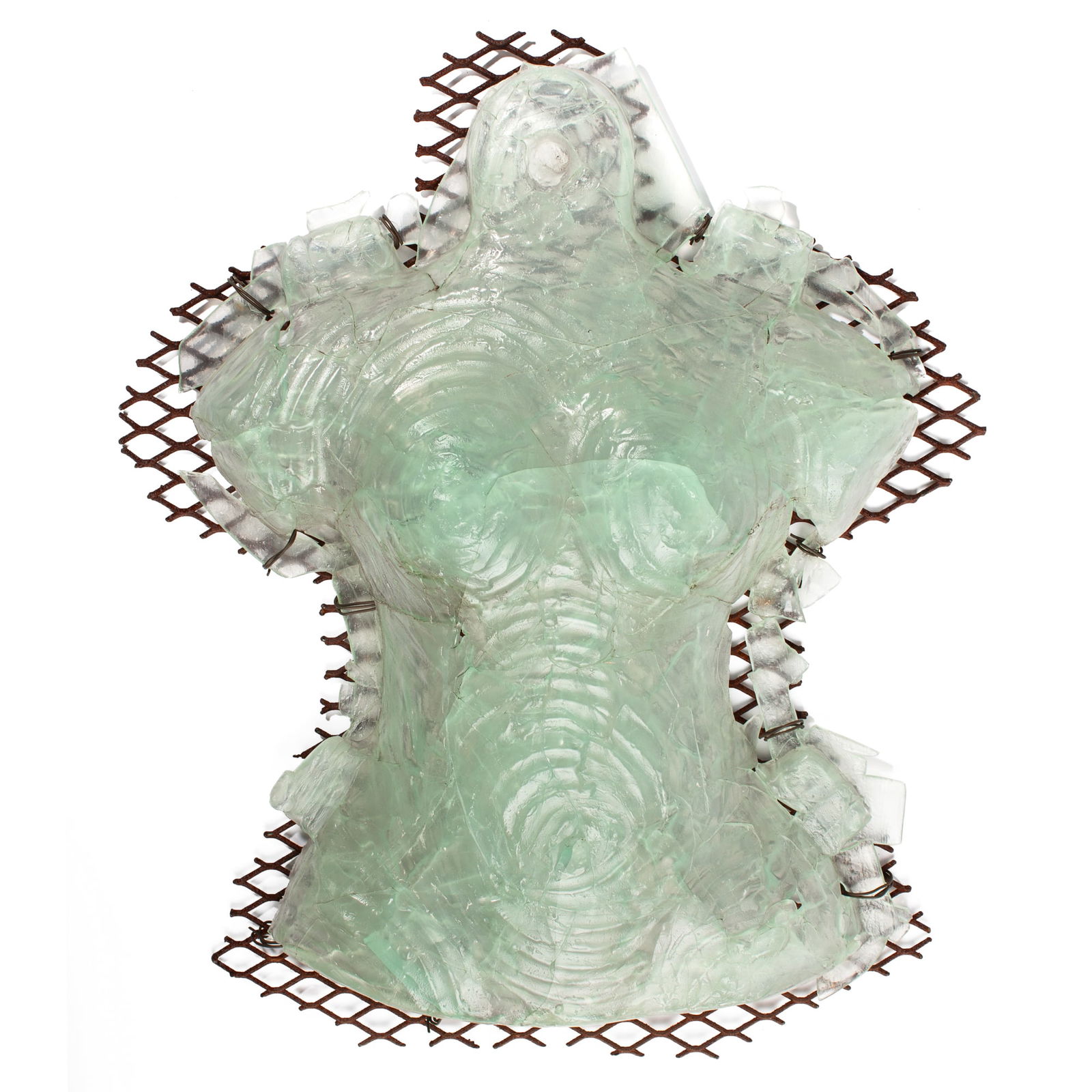 Large Cast and Slumped Glass Female Nude Torso: Large Cast and Slumped Glass Female Nude Torso Sculpture. Unsigned. Attached to steel grate. Measures 30x24x7". Some wear to edges; artwork has been stored outdoors and steel has rusted, possibly some